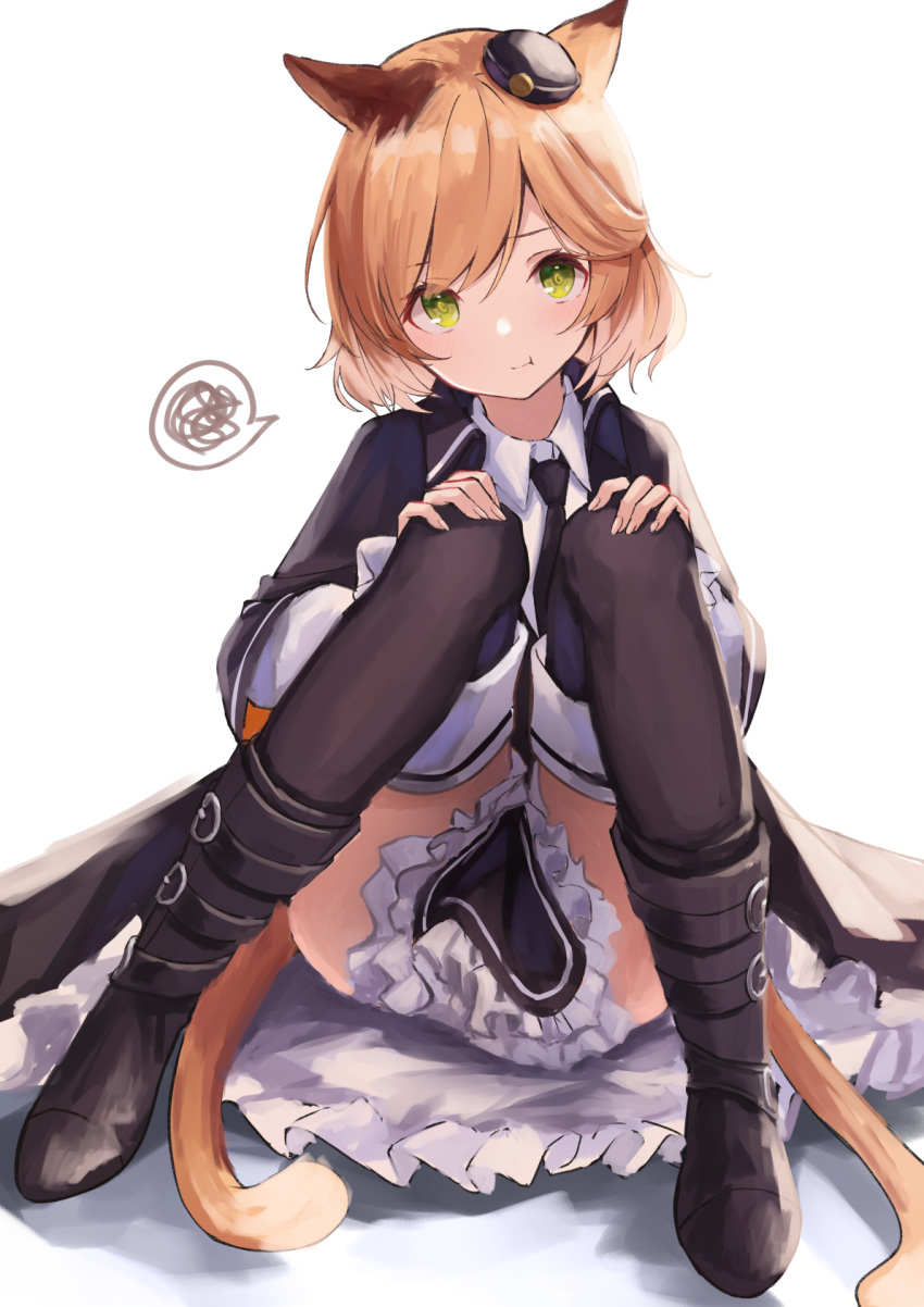 1girl :t animal_ears arknights black_jacket black_legwear black_skirt blonde_hair boots cat_ears cat_girl cat_tail collared_shirt frilled_skirt frills green_eyes highres jacket knees_up knoy3356 looking_at_viewer miniskirt mousse_(arknights) multiple_tails pout shirt short_hair simple_background sitting skirt solo spoken_squiggle squiggle tail thigh-highs two_tails white_background white_shirt