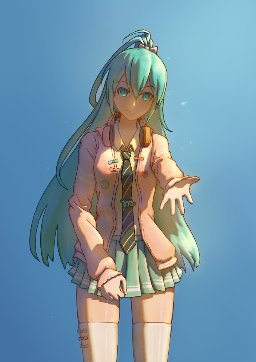 1girl absurdres aqua_eyes aqua_hair aqua_skirt badge blue_sky bow bowtie commentary cowboy_shot hatsune_miku headphones headphones_around_neck highres jacket long_hair looking_at_viewer miniskirt mori_(user_gdnz7828) necktie outstretched_arm pink_jacket pleated_skirt ponytail project_diva_(series) reaching_out ribbon_girl_(module) shirt sidelighting skindentation skirt sky solo standing striped striped_neckwear thigh-highs very_long_hair vocaloid white_legwear white_shirt zettai_ryouiki