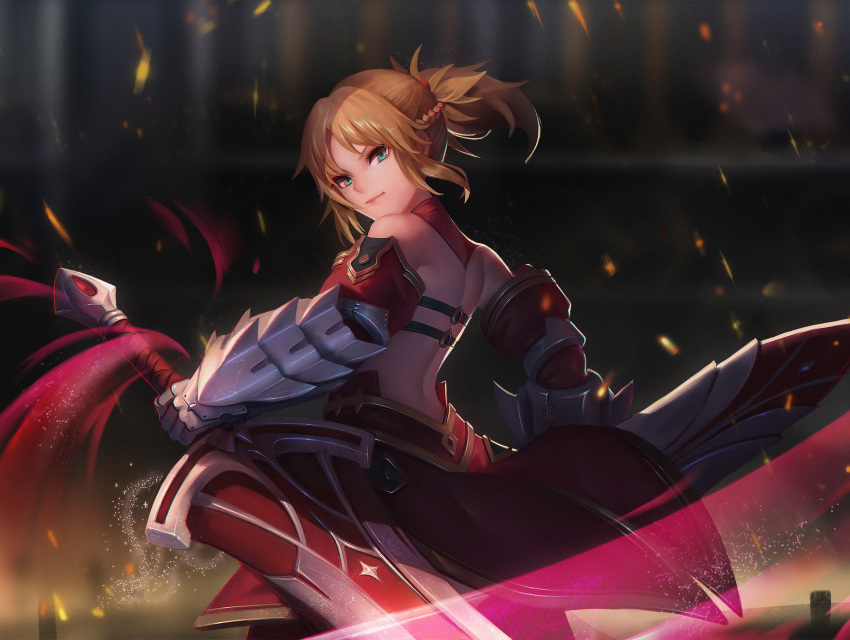 1girl back bangs bare_shoulders blonde_hair blurry blurry_background braid clarent closed_mouth detached_collar detached_sleeves dual_wielding fate/apocrypha fate_(series) french_braid from_behind gauntlets gem green_eyes hair_ornament hair_scrunchie head_tilt highres holding holding_sword holding_weapon light_trail looking_at_viewer looking_back micat mordred_(fate) mordred_(fate)_(all) parted_bangs ponytail red_skirt reverse_grip ruby_(gemstone) scrunchie short_hair short_ponytail skirt solo standing sword v-shaped_eyebrows weapon wind