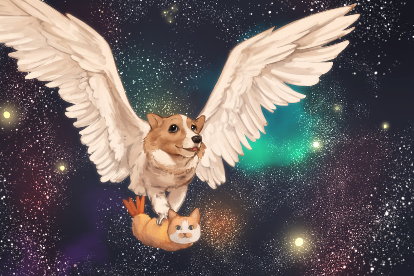 animal_focus carrying cat chimera commentary coppelia_(futamine) dog food looking_at_viewer original space spread_wings tagme talons tempura tongue tongue_out welsh_corgi what wings