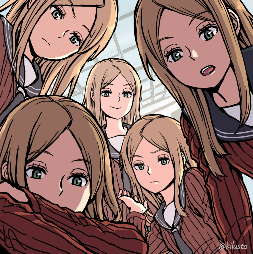 5girls brown_hair ceiling clone closed_mouth covered_mouth dutch_angle flat_chest frown furrowed_eyebrows green_eyes hand_up highres konami_kirie long_hair long_sleeves looking_at_viewer multiple_girls necktie open_mouth otsuzaka school_uniform serafuku smile sweater world_trigger