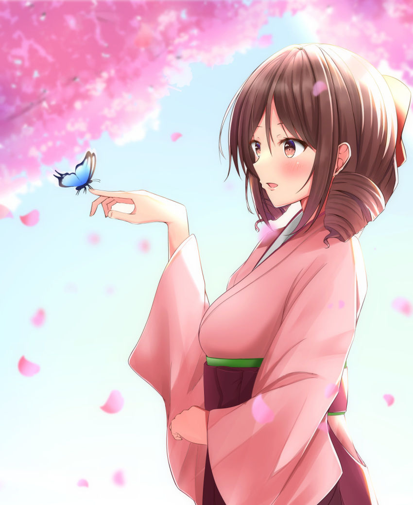 1girl :d animal_on_hand blush bow brown_hair bug butterfly cherry_blossoms drill_hair from_side hair_bow hakama harukaze_(kantai_collection) highres insect japanese_clothes kantai_collection kimono meiji_schoolgirl_uniform open_mouth petals pink_kimono red_bow red_eyes red_hakama smile solo toyomi_13 twin_drills