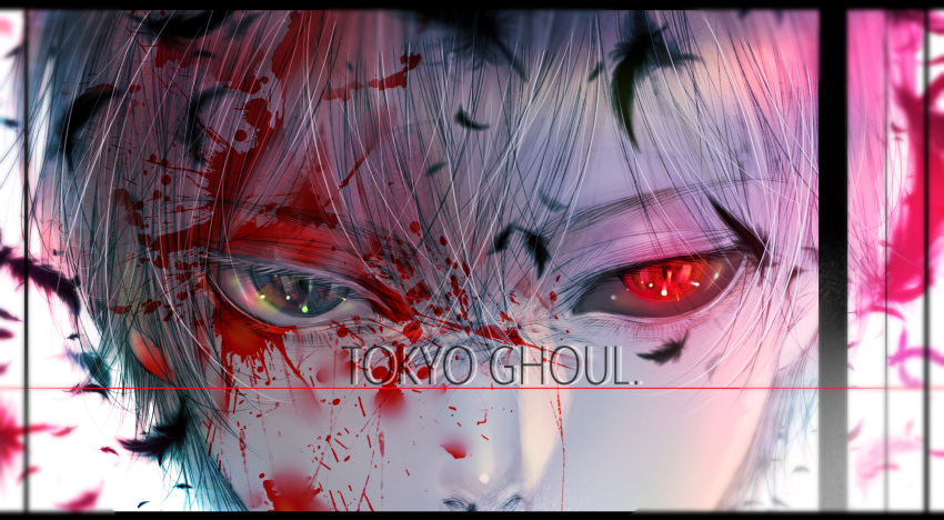 1boy bangs black_sclera blood blood_on_face blurry close-up copyright_name depth_of_field eyelashes eyes feathers heterochromia highres kaneki_ken looking_at_viewer male_focus mismatched_sclera red_eyes sanpaku satsuki_kei solo tokyo_ghoul white_background white_hair