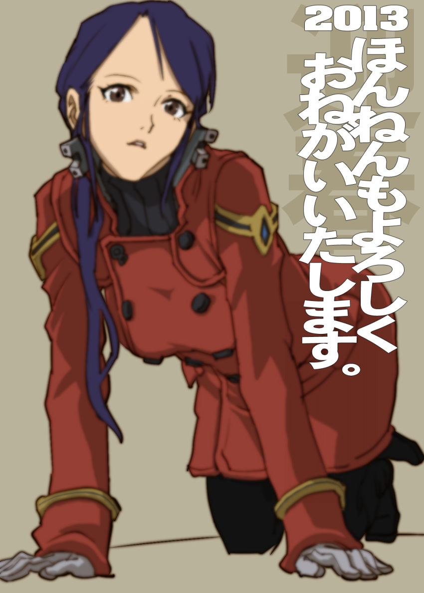 1girl all_fours breasts brown_eyes coat evangelion:_3.0_you_can_(not)_redo gloves highres katsuragi_misato long_hair looking_at_viewer neon_genesis_evangelion oprince purple_hair rebuild_of_evangelion simple_background solo white_gloves