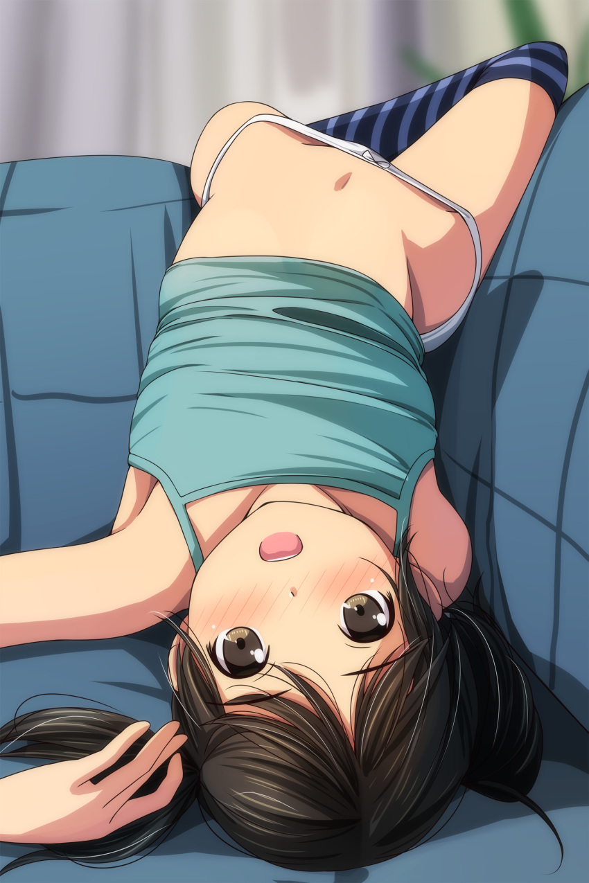 1girl absurdres bangs bare_shoulders black_hair blue_camisole blurry blurry_background blush bow bow_panties brown_eyes camisole collarbone couch depth_of_field eyebrows_visible_through_hair highres indoors looking_at_viewer lying matsunaga_kouyou navel no_pants nose_blush on_back on_couch open_mouth original panties solo striped striped_legwear thigh-highs twintails underwear underwear_only upper_teeth upside-down white_panties