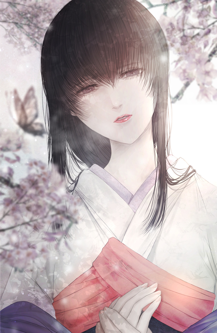 1girl absurdres bangs black_eyes black_hair blurry bug butterfly depth_of_field eyelashes flower hair_flowing_over head_tilt highres huge_filesize insect japanese_clothes kimono lipstick long_hair looking_at_viewer makeup parted_lips red_lips rurouni_kenshin satsuki_kei solo tree_branch upper_body yukishiro_tomoe