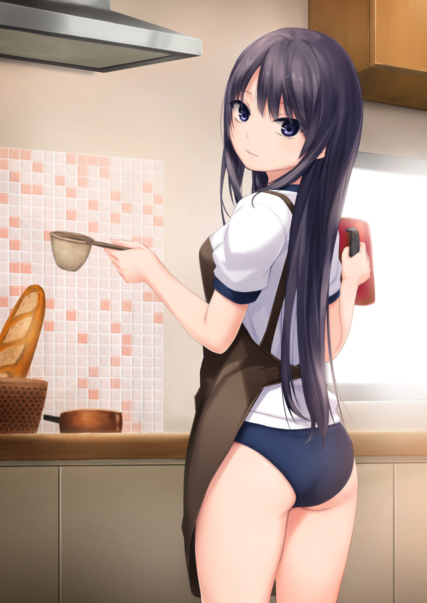 1girl apron ass bangs bare_legs basket black_hair bloomers bread cabinet closed_mouth coffee-kizoku coffee_pot commentary_request food gym_shirt gym_uniform highres holding indoors kitchen long_hair looking_at_viewer looking_back original shiramine_rika shirt short_sleeves solo underwear violet_eyes white_shirt window