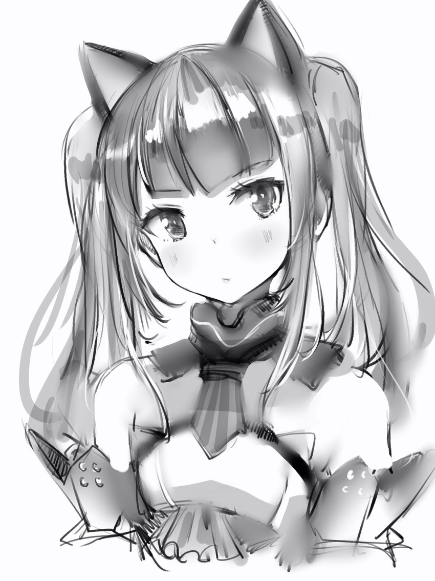 1girl animal_ears bare_shoulders blush cat_ears closed_mouth copyright_request elbow_gloves gloves greyscale highres long_hair looking_at_viewer mini_necktie monochrome nanashi_(nlo74593630) simple_background solo twintails upper_body white_background
