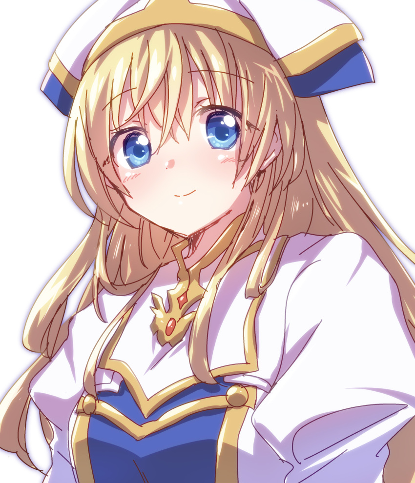 1girl blonde_hair blue_eyes goblin_slayer! hat highres light_smile long_hair looking_at_viewer nyaa_(nnekoron) priestess_(goblin_slayer!) simple_background solo upper_body white_background