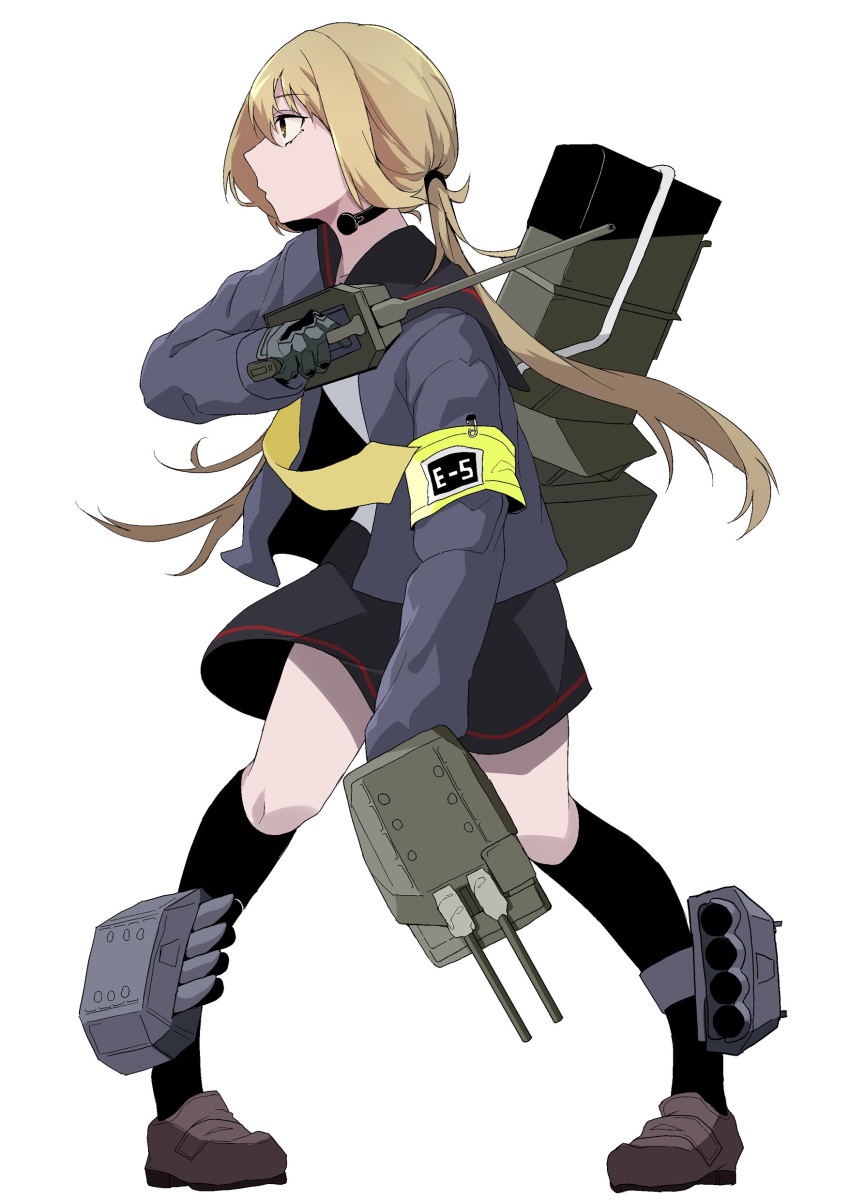 1girl absurdres armband black_legwear blonde_hair blue_jacket brown_footwear daigaku_jitome dual_wielding eyebrows_visible_through_hair from_side highres holding holding_turret jacket kantai_collection loafers long_hair looking_to_the_side low_twintails neckerchief remodel_(kantai_collection) satsuki_(kantai_collection) school_uniform serafuku shoes simple_background solo thigh-highs torpedo_tubes twintails white_background yellow_neckwear