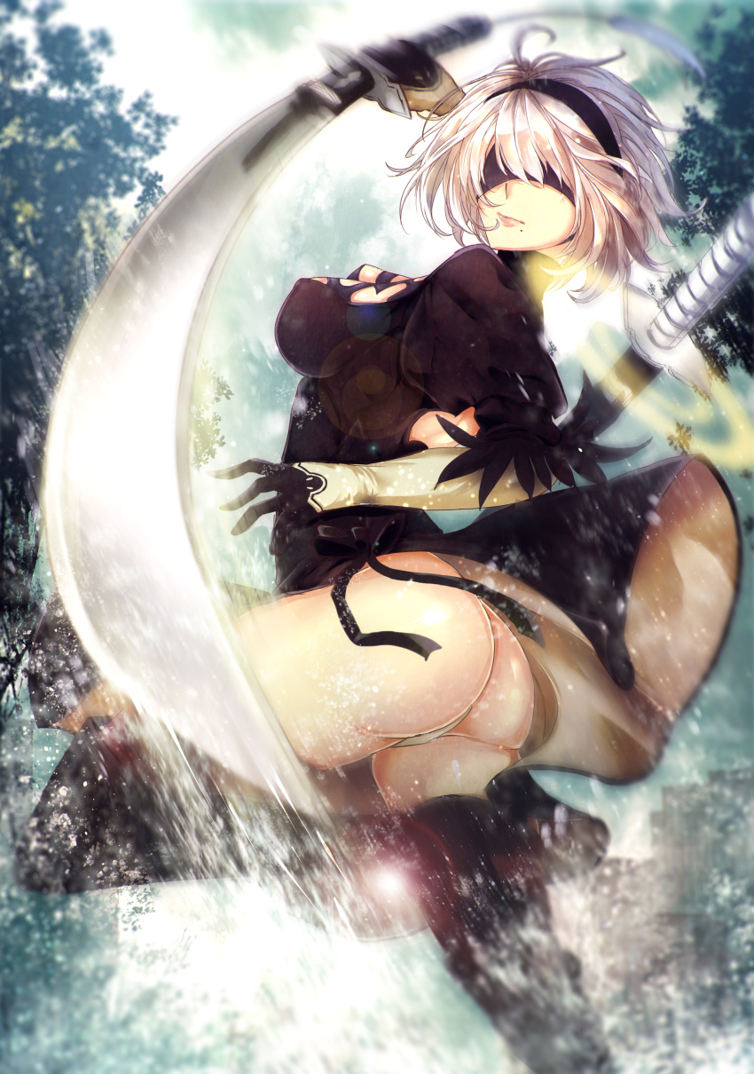 1girl absurdres ass bangs black_dress blindfold boots breasts closed_mouth commentary_request day dress feather_trim from_side gloves hairband highres holding holding_sword holding_weapon katana lips medium_breasts mole mole_under_mouth nier_(series) nier_automata outdoors puffy_sleeves short_hair simple_background solo sword thigh-highs thigh_boots thighs turtleneck weapon yorha_no._2_type_b yuki_hikari