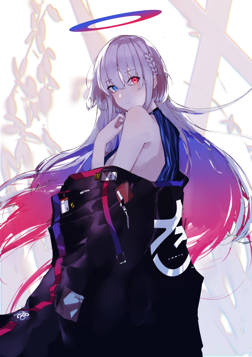 1girl absurdres bare_shoulders black_jacket blue_eyes blue_hair braid eyebrows_visible_through_hair eyes_visible_through_hair gradient gradient_hair halo heterochromia highres jacket multicolored multicolored_hair original parted_lips red_eyes redhead sas_(ls08b) solo