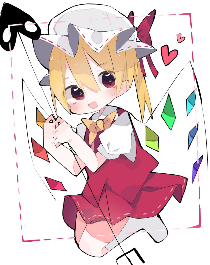 1girl ascot blonde_hair crystal_wings dress fang flandre_scarlet full_body hat hat_ribbon heart highres laevatein_(touhou) nacht_musik open_mouth red_dress red_eyes red_ribbon ribbon simple_background skin_fang socks solo touhou white_background yellow_ascot