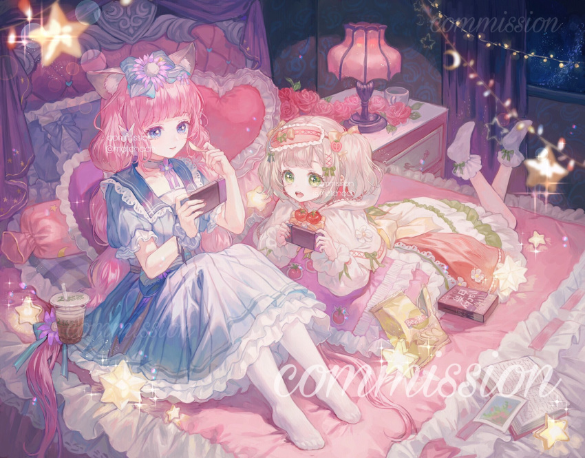 +_+ 2girls animal_ears bed bed_sheet book bow cat_ears cat_girl christmas_lights commentary commission copyright_request cup flower food green_eyes hair_bow hair_ribbon heart heart_pillow highres lamp leggings maccha_(mochancc) moon multiple_girls pillow pink_hair ribbon star symbol_commentary tagme white_hair