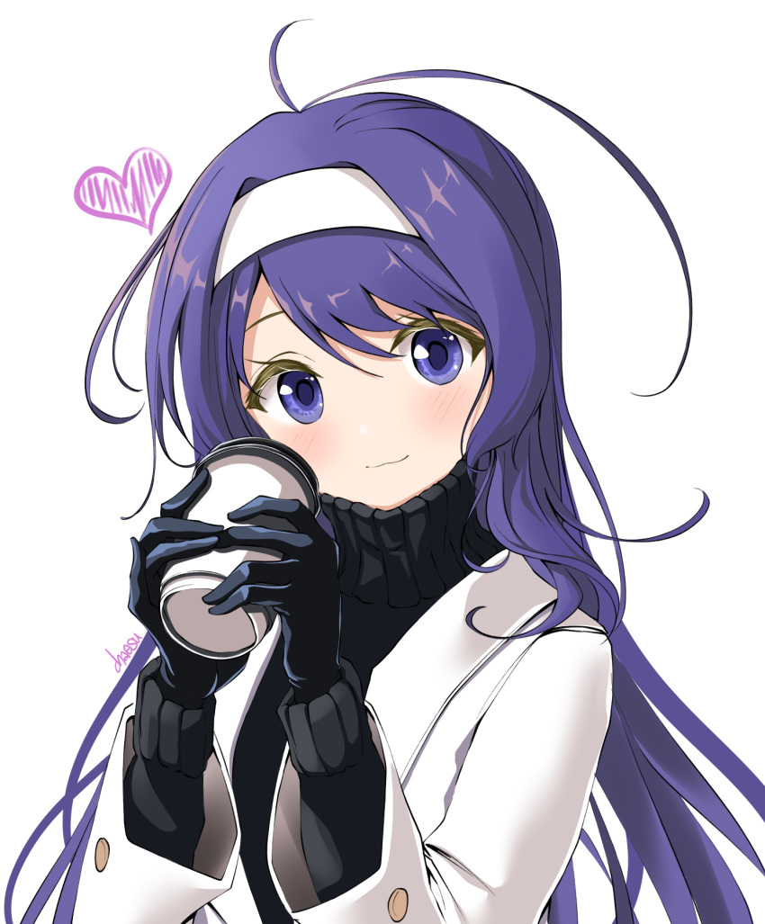 1girl ahoge black_gloves black_sweater blue_eyes blue_hair blush chaesu coat coffee_cup cup disposable_cup gloves hairband heart highres huge_ahoge long_hair looking_at_viewer orie_(under_night_in-birth) solo sweater turtleneck turtleneck_sweater under_night_in-birth white_coat white_hairband winter_clothes winter_coat