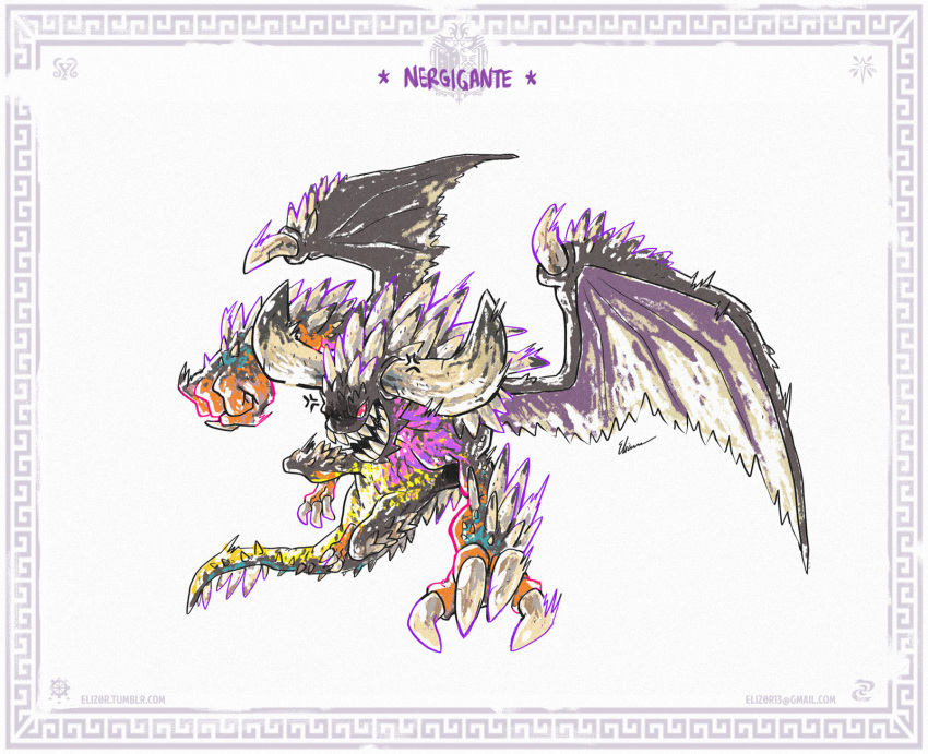 adventure ancient_dragon background_base berserker colorful dragon eliz0r full_body highres monster monster_hunter monster_hunter:_world nergigante rocket_launcher rpg simple_background solo weapon