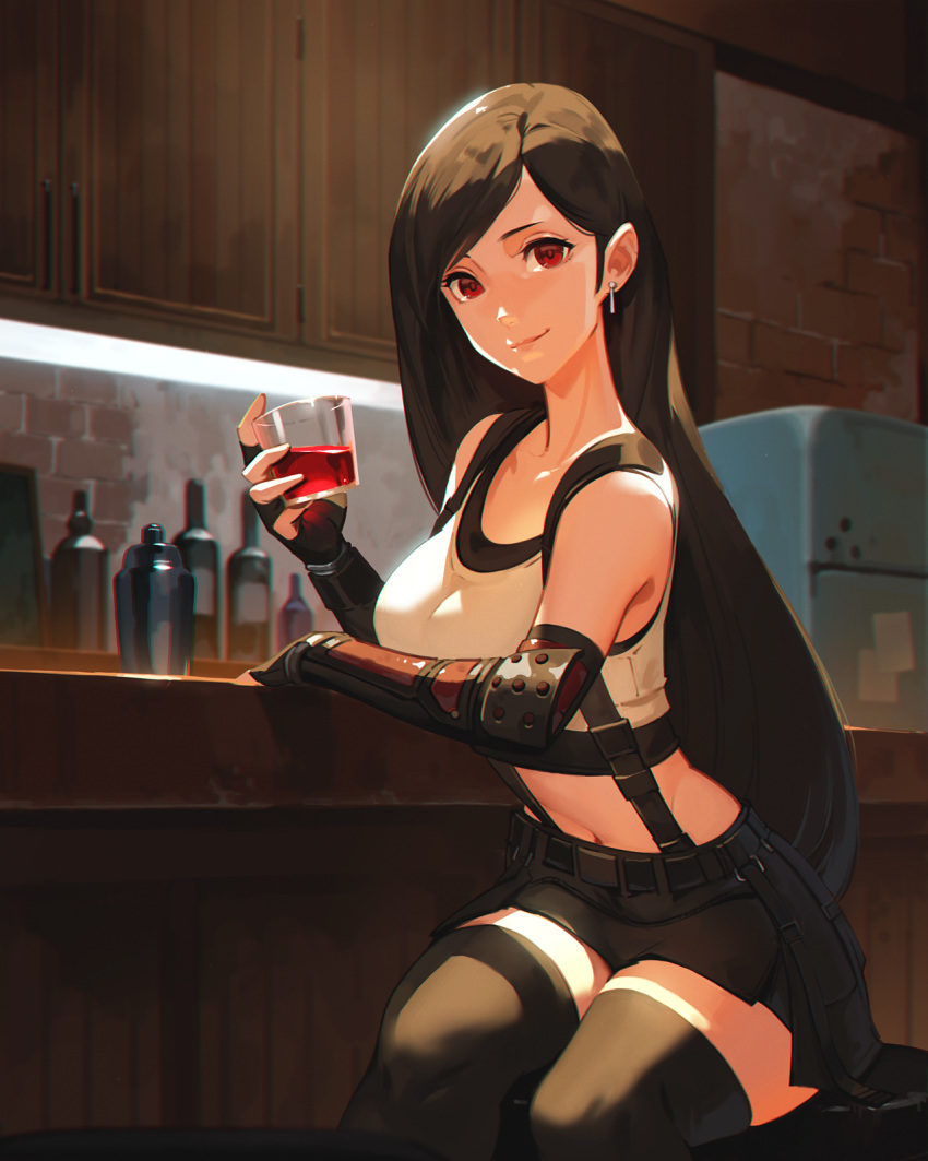 1girl alcohol arm_guards bangs bar bar_stool black_hair black_legwear black_skirt breasts brick_wall collarbone commentary_request counter cup drinking_glass earrings elbow_pads eyelashes feet_out_of_frame final_fantasy final_fantasy_vii final_fantasy_vii_remake fingerless_gloves gloves hand_up highres holding holding_cup jewelry jiro_(ninetysix) large_breasts leaning_forward long_hair looking_at_viewer navel parted_bangs red_eyes refrigerator shadow sitting skirt smile solo sports_bra stool suspender_skirt suspenders tank_top thigh-highs tifa_lockhart white_tank_top