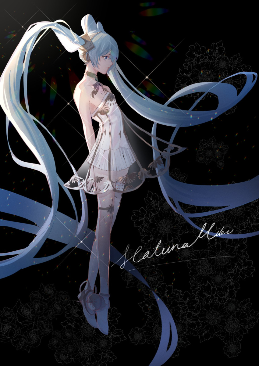 1girl absurdly_long_hair aono_99 aqua_eyes aqua_hair arms_behind_back bare_shoulders black_background character_name diffraction_spikes dress expressionless floral_background from_side full_body hair_ornament hatsune_miku highres lens_flare long_hair miku_symphony_(vocaloid) neck_ribbon pleated_skirt ribbon skirt solo strapless strapless_dress thigh_strap twintails very_long_hair vocaloid white_dress white_footwear white_skirt