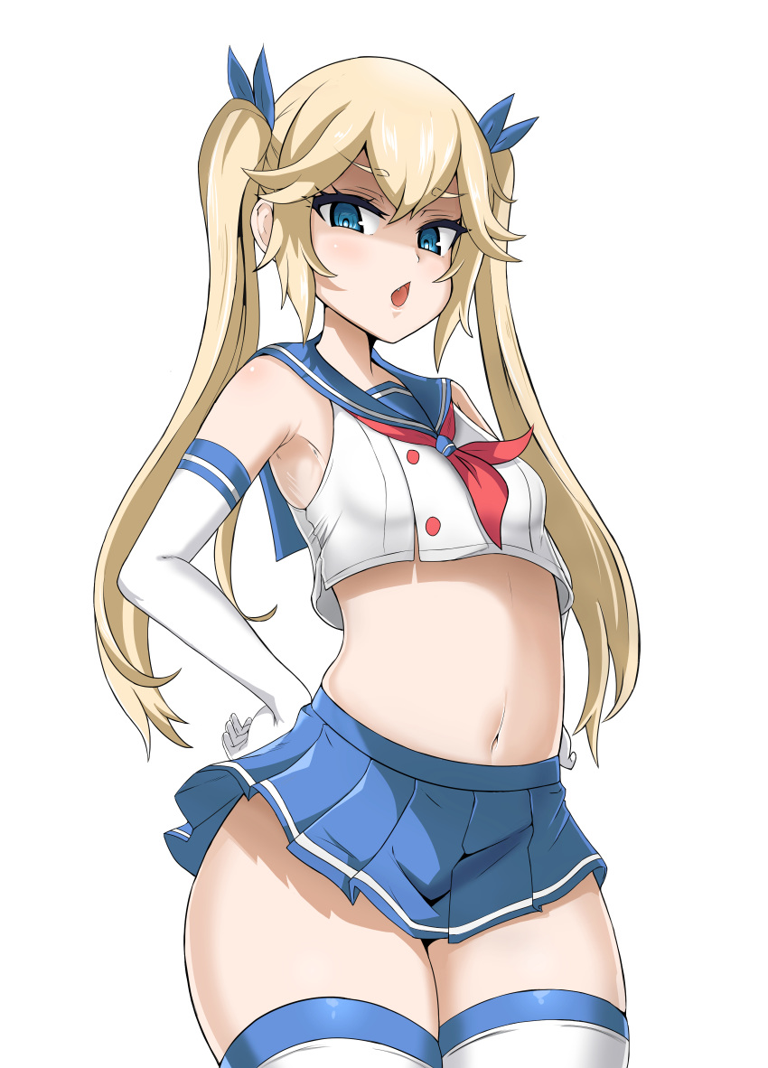 1girl absurdres armpits bangs blonde_hair blue_eyes blue_skirt crop_top crop_top_overhang elbow_gloves fang gloves hair_ribbon highres kimwangjyang last_origin looking_at_viewer mh-4_thetis midriff miniskirt navel open_mouth pleated_skirt ribbon sailor_collar skirt solo thigh-highs twintails white_gloves wide_hips