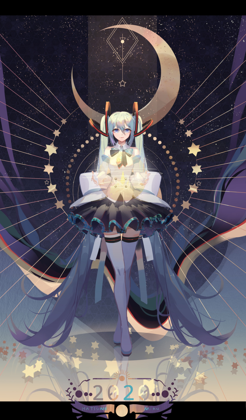 1girl 2020 absurdres aqua_eyes aqua_hair black_ribbon black_skirt boots cccard character_name commentary crescent_moon detached_sleeves full_body hair_ornament hatsune_miku highres holding light_smile long_hair looking_at_viewer magical_mirai_(vocaloid) miniskirt moon neck_ribbon outstretched_arms plaid plaid_ribbon pleated_skirt ribbon shirt skirt sky sleeveless sleeveless_shirt solo standing star star_(sky) starry_background starry_sky thigh-highs thigh_boots twintails very_long_hair vocaloid white_legwear white_shirt white_sleeves zettai_ryouiki