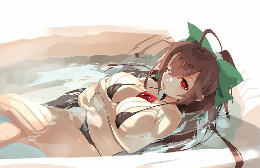 1girl ;d ahoge bikini black_bikini bow breast_hold breasts brown_hair commentary_request fang green_bow hair_bow highres long_hair looking_at_viewer lying navel on_back one_eye_closed open_mouth partially_submerged red_eyes reiuji_utsuho skin_fang smile solo stomach swimsuit tetsurou_(fe+) thighs touhou water