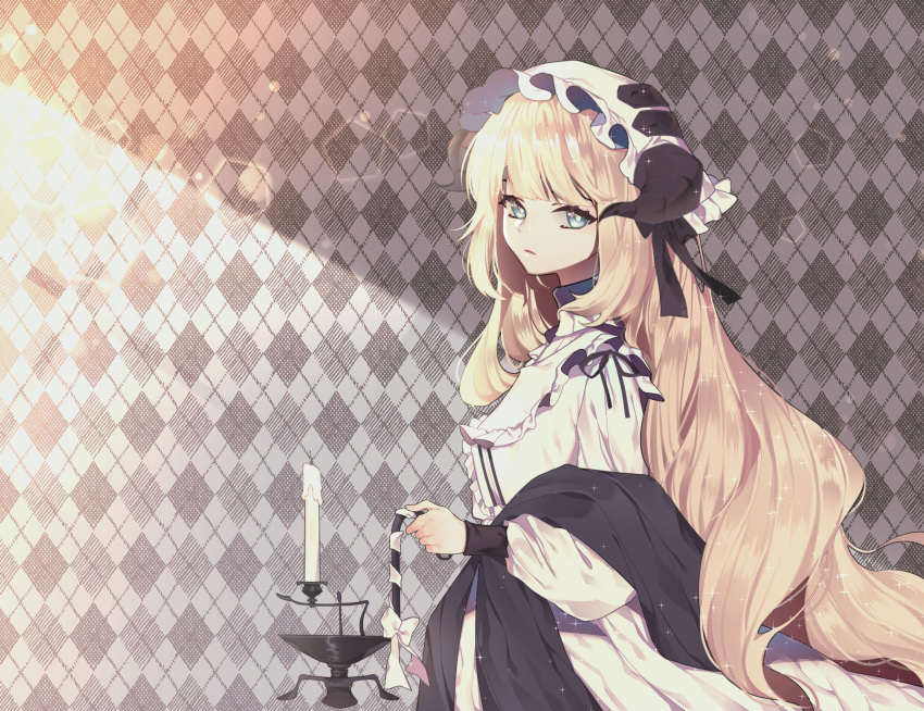 1girl argyle argyle_background arknights bangs black_ribbon blonde_hair blue_eyes candle commentary dress frills from_side hair_ribbon hat highres horn lens_flare long_hair long_sleeves looking_at_viewer mob_cap nightingale_(arknights) ribbon rimsuk solo symbol_commentary upper_body very_long_hair white_dress white_headwear