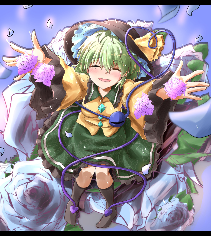 1girl absurdres arms_up black_legwear blue_flower blue_rose closed_eyes commentary_request eyebrows_visible_through_hair floral_print flower frilled_skirt frilled_sleeves frills green_hair green_skirt hat hat_ribbon heart heart_of_string highres koishi_day komeiji_koishi letterboxed no_shoes oshiaki purple_flower purple_rose ribbon rose shirt skirt smile socks solo third_eye touhou wide_sleeves yellow_shirt