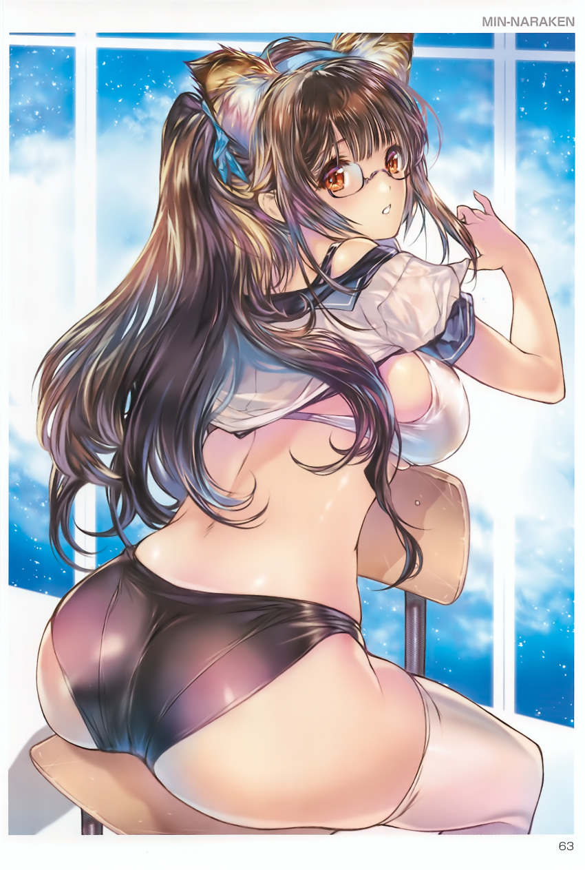 1girl absurdres artist_name ass bra breasts brown_eyes brown_hair buruma chair glasses gym_uniform highres large_breasts long_hair looking_at_viewer looking_back min-naraken page_number parted_lips scan shiny shiny_skin sitting solo thighs tied_hair toranoana underwear
