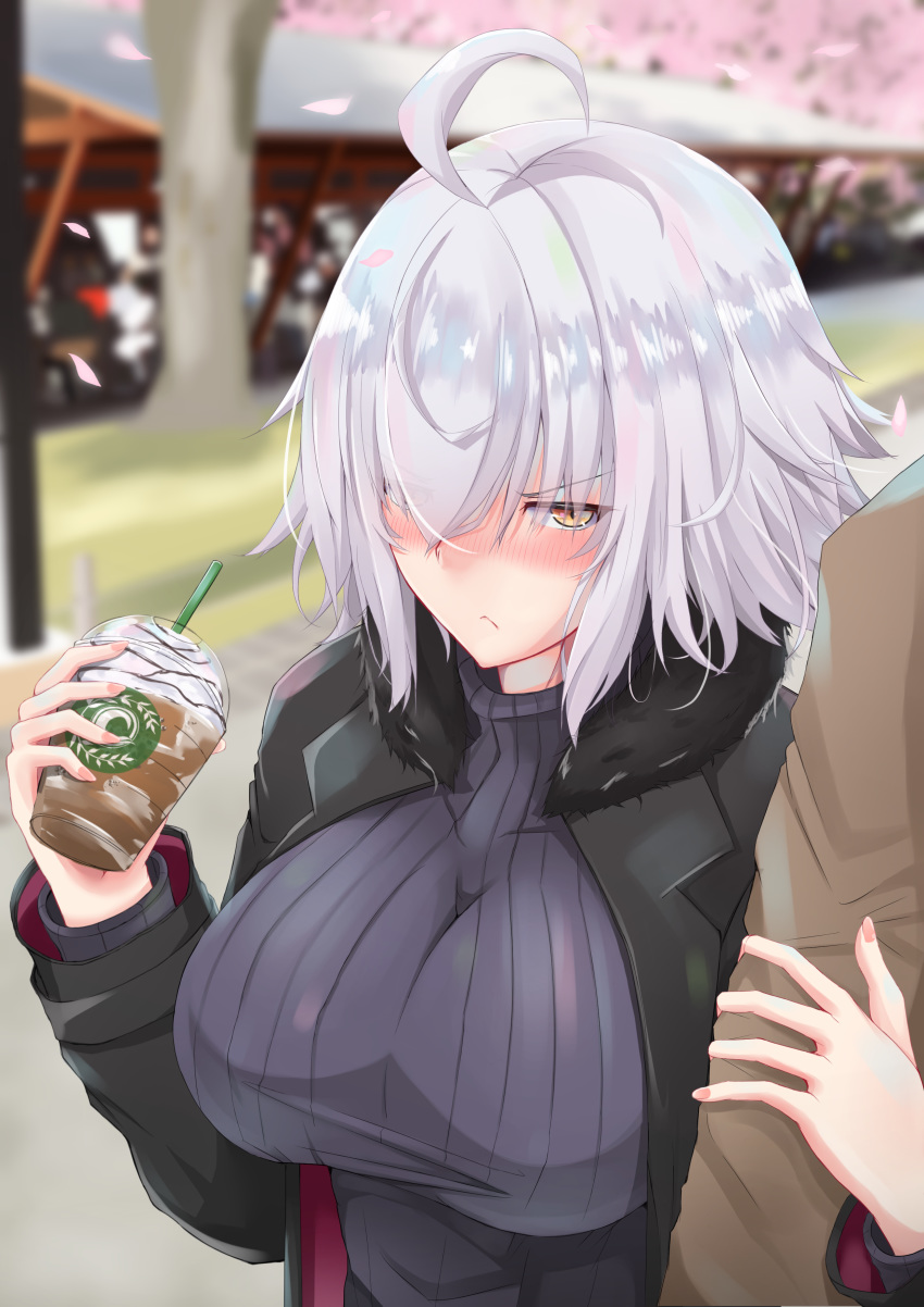 1girl absurdres ahoge bangs black_jacket black_sweater blush breasts closed_mouth contemporary cup disposable_cup fate/grand_order fate_(series) hair_between_eyes highres isane jacket jeanne_d'arc_(alter)_(fate) jeanne_d'arc_(fate)_(all) large_breasts long_sleeves looking_at_viewer ribbed_sweater short_hair silver_hair sweater yellow_eyes