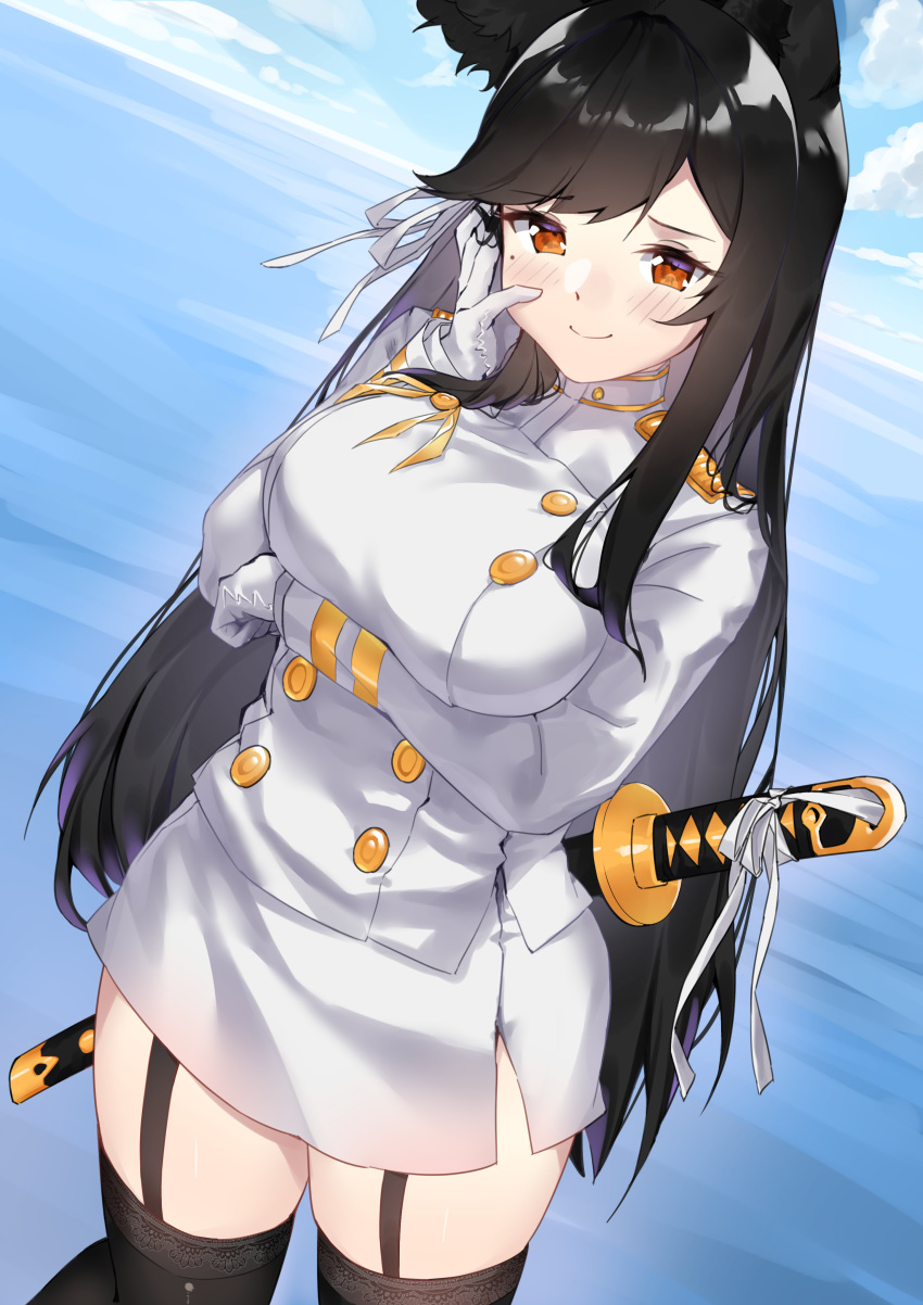 1girl absurdres animal_ears atago_(azur_lane) azur_lane black_hair blue_sky blush breasts brown_eyes closed_mouth clouds day dy_kai eyebrows_visible_through_hair garter_straps gloves hair_ribbon hand_up highres katana large_breasts long_hair looking_at_viewer military military_uniform mole mole_under_eye ocean ribbon sky smile solo standing sword thigh-highs uniform weapon white_gloves white_ribbon