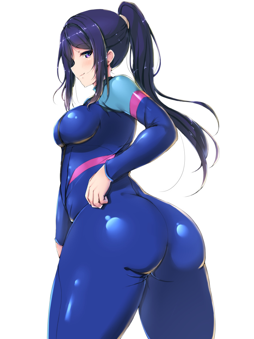 1girl absurdres ass bangs blue_bodysuit blue_hair blush bodysuit breasts closed_mouth cowboy_shot from_side hair_tie half-closed_eyes hand_on_hip high_ponytail highres light_smile long_hair looking_at_viewer looking_back love_live! love_live!_sunshine!! matsuura_kanan medium_breasts ponytail shinonon_(iso_shino) shiny shiny_clothes shiny_hair sidelocks simple_background skin_tight smile solo standing swept_bangs tail thick_thighs thighs turtleneck violet_eyes wetsuit white_background zipper