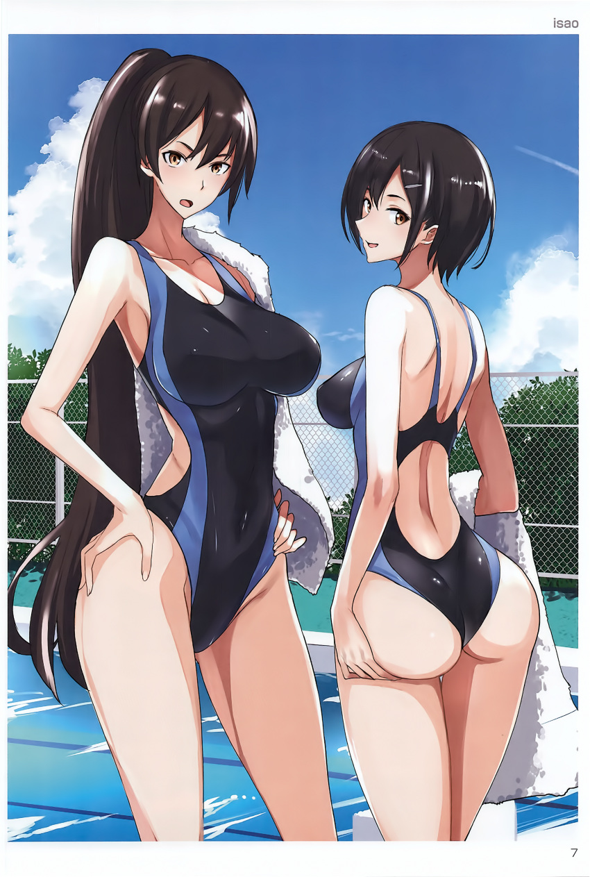 2girls absurdres artist_name ass bangs bare_shoulders black_hair blue_sky breasts brown_eyes clouds cloudy_sky collarbone covered_navel day from_behind hair_ornament hairclip hand_on_hip hand_on_own_ass highres isao large_breasts long_hair looking_at_viewer looking_back multiple_girls one-piece_swimsuit outdoors page_number pool scan shiny shiny_clothes shiny_hair shiny_skin short_hair sky smile standing swimsuit thighs toranoana towel water white_towel
