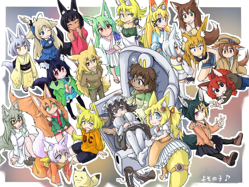 6+girls :3 all_fours animal_ear_fluff animal_ears ankle_boots armchair asymmetrical_ears black_bra black_gloves black_hair black_legwear black_sash blonde_hair blue_dress blue_eyes blue_kimono blue_pants blue_shorts boots boots_removed border borrowed_character bra braid brown_hair brown_headwear chair character_request closed_eyes coat cross-laced_footwear detached_sleeves doitsuken dress ears_down eyebrows_visible_through_hair fingerless_gloves flower fox fox_ears fox_tail glasses gloves green_eyes green_hair hair_flower hair_ornament hair_ribbon hairclip hat heterochromia highres hood hoodie hoop_skirt japanese_clothes kimono long_hair lying multicolored_hair multiple_girls necktie obi on_back orange_hair orange_hoodie original outline pants pink_eyes pink_kimono pleated_skirt ponytail purple_hair red-framed_eyewear red_eyes red_flower red_ribbon red_rose redhead ribbed_sweater ribbon ringed_eyes rose sandals sash semi-rimless_eyewear shirt shoes short_hair short_kimono short_shorts shorts sitting skirt smile socks standing steepled_fingers sweater tail take_your_pick thigh-highs too_much_fluff two-tone_hair under-rim_eyewear underwear violet_eyes white_border white_legwear white_outline white_shirt yellow_eyes yellow_kimono yellow_sweater