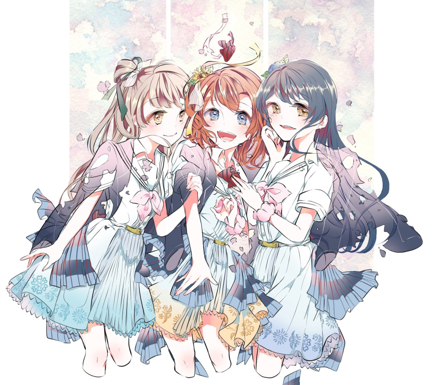 3girls blue_eyes blue_hair bow green_bow grey_hair hair_bow highres kousaka_honoka long_hair love_live! love_live!_school_idol_project minami_kotori multiple_girls one_side_up open_mouth orange_hair otonokizaka_school_uniform school_uniform short_hair simple_background skirt smile sonoda_umi yellow_eyes