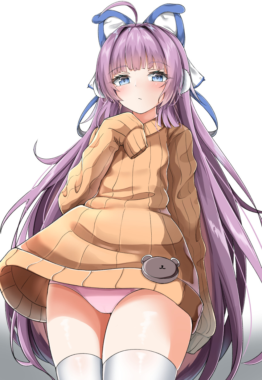 1girl absurdres animal_ears azur_lane blue_eyes blush brown_sweater calligraphy_brush calligraphy_brush_(medium) earmuffs eyebrows_visible_through_hair gradient gradient_background graphite_(medium) hair_ribbon heart highres long_hair long_sleeves looking_at_viewer moyoron paintbrush panties pantyshot pink_panties purple_hair ribbon solo sweater tashkent_(azur_lane) thigh-highs traditional_media underwear very_long_hair