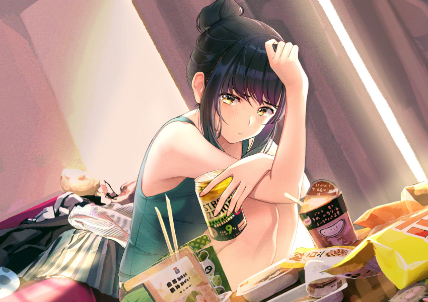 +15 1girl armpits bare_arms bare_shoulders black_hair can crying crying_with_eyes_open cup curtains disposable_cup dutch_angle green_shirt highres holding indoors long_hair looking_at_viewer original pleated_skirt ramen shirt sidelocks skirt sleeveless sleeveless_shirt solo squatting tears tied_hair yellow_eyes