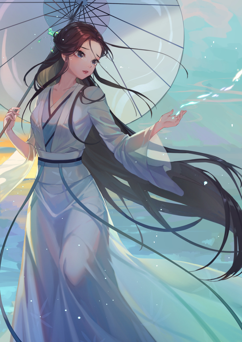 1girl absurdres black_hair blonde_hair blue_eyes breasts brown_hair character_request chinese_clothes colored_inner_hair crying crying_with_eyes_open feet_out_of_frame floating_hair fog glowing hair_flowing_over hair_ornament hair_stick hair_strand half_updo hanfu highres holding holding_umbrella ichisaku jade_(gemstone) long_hair long_sleeves looking_away looking_to_the_side medium_breasts multicolored_hair oriental_umbrella outstretched_arm parted_lips red_lips ribbon sash see-through solo standing tears umbrella very_long_hair white_snake_(2019_movie) wide_sleeves wind