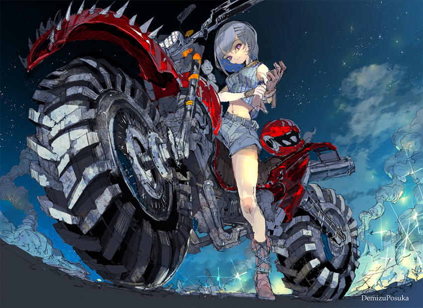 1girl ankle_boots artist_name bangs bare_shoulders belt belt_boots blue_hair blue_shorts boots breasts brown_gloves closed_mouth clouds commentary_request cross-laced_footwear demizu_posuka from_below full_body glint gloves ground_vehicle head_tilt headwear_removed helmet helmet_removed holding_gloves lace-up_boots medium_breasts midriff motor_vehicle motorcycle motorcycle_helmet original putting_on_gloves short_hair shorts silver_hair single_glove sky sleeveless smile smoke solo spikes star_(sky) violet_eyes
