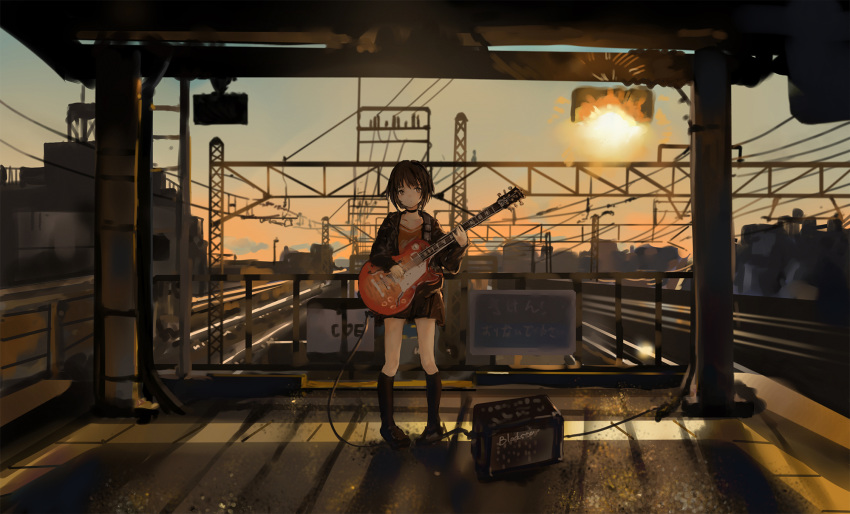 1girl amplifier black_legwear black_skirt brown_eyes brown_hair catzz choker closed_mouth collarbone evening expressionless eyebrows_visible_through_hair guitar highres holding holding_instrument instrument kneehighs looking_at_viewer original pleated_skirt scenery skirt standing sunset train_station