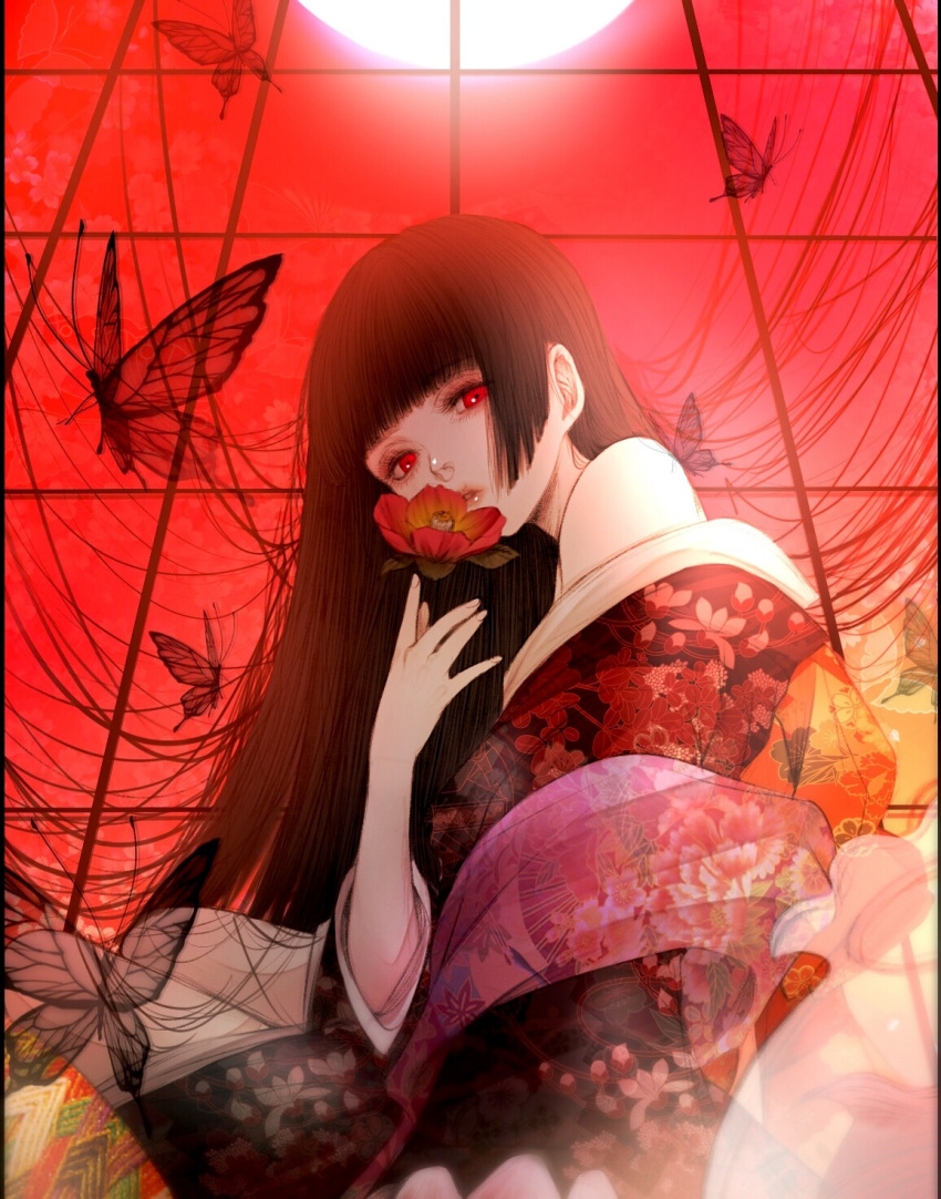 1girl bangs bare_shoulders black_hair blunt_bangs bug butterfly enma_ai eyelashes fish_tank flower flower_to_mouth from_below full_moon highres hime_cut holding holding_flower insect japanese_clothes jigoku_shoujo kimono lips long_hair looking_at_viewer looking_down moon off_shoulder parted_lips red_background red_eyes red_flower satsuki_kei shawl sidelocks sitting solo straight_hair transparent very_long_hair yokozuwari
