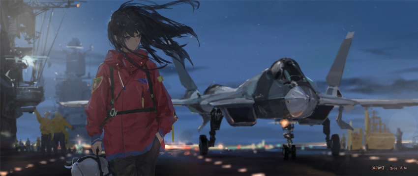1girl 2020 aircraft aircraft_carrier airplane artist_name bangs black_hair blue_eyes blurry closed_mouth clouds commentary cowboy_shot dated depth_of_field evening floating_hair green_pants hair_between_eyes hand_in_pocket highres holding jet long_hair looking_away looking_to_the_side military military_vehicle original outdoors pants runway scenery ship sky solo_focus standing su-57 warship watercraft wind xilmo