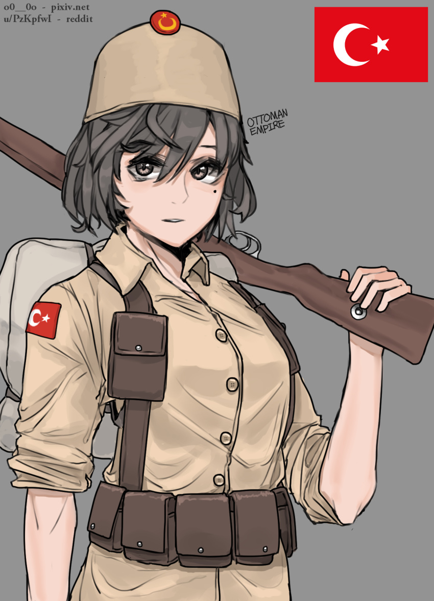1girl backpack bag breasts brown_eyes brown_hair brown_headwear eyebrows_visible_through_hair flag grey_background gun highres holding holding_gun holding_weapon kaiserreich looking_at_viewer medium_breasts messy_hair military mole mole_under_eye original parted_lips pixiv_username pzkpfwi rifle short_hair short_sleeves simple_background sleeves_rolled_up solo weapon