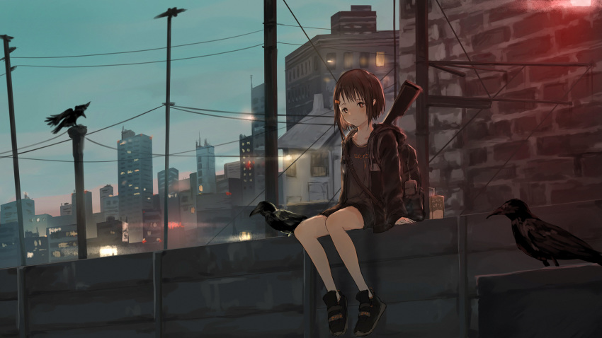 1girl arm_support backpack bag bird black_footwear brown_eyes brown_hair catzz city cityscape closed_mouth collarbone crow eyebrows_visible_through_hair frown grey_shirt gun hair_ornament hairclip highres hood hoodie juice_box long_sleeves looking_at_viewer night original outdoors scenery shirt shoes short_hair sitting sneakers solo weapon