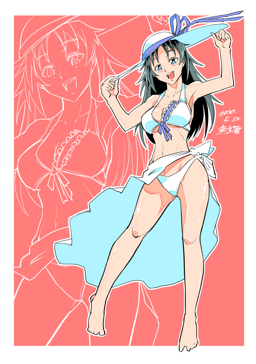 1girl absurdres adjusting_headwear artist_name bangs barefoot bikini black_eyes black_hair blue_ribbon breasts commentary_request dated front-tie_bikini front-tie_top girls_und_panzer hat hat_ribbon highres lineart long_hair looking_at_viewer medium_breasts navel open_mouth outline partial_commentary ribbon sarong shinkuukan_(tetsuo3) side-tie_bikini signature smile solo standing sun_hat swimsuit white_bikini white_headwear white_outline white_sarong yamagou_ayumi zoom_layer