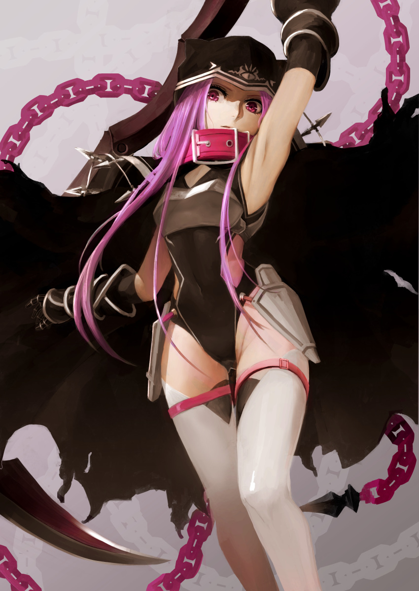 1girl absurdres arm_above_head armpits ass_visible_through_thighs breasts capelet chain cloak collar covered_navel elbow_gloves fate/grand_order fate_(series) gloves grey_background highres leotard long_hair looking_at_viewer medusa_(lancer)_(fate) peperon_(peperou) purple_hair red_eyes scythe small_breasts solo thigh-highs thighs white_legwear