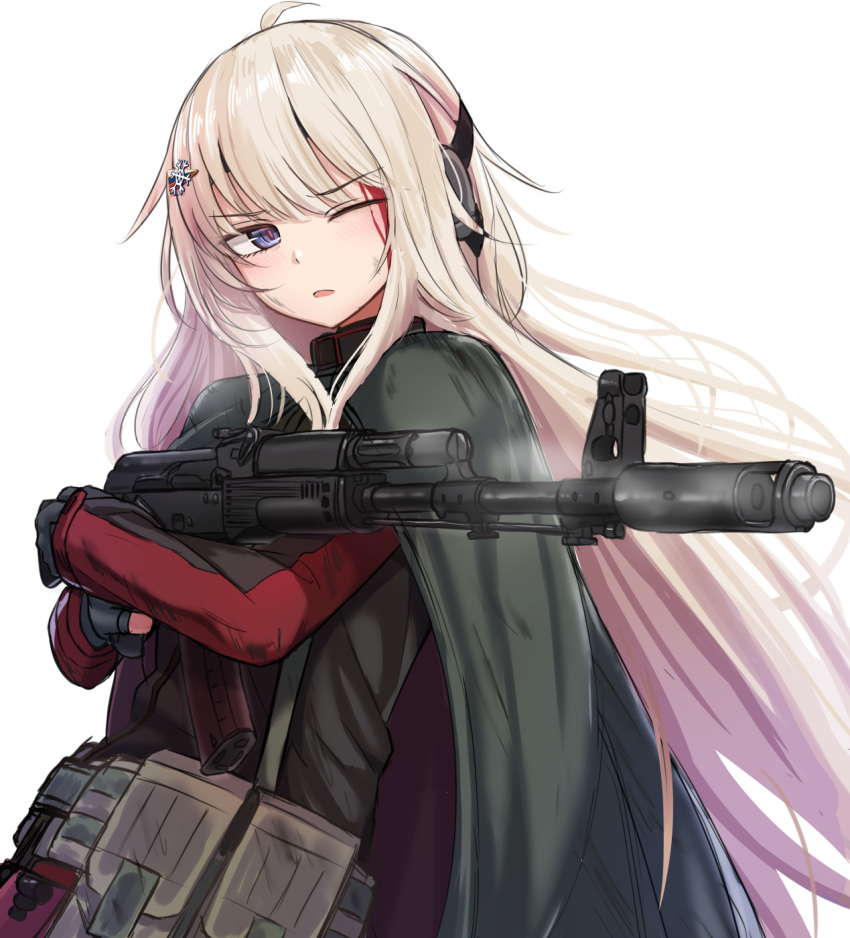 1girl ak-74m ak-74m_(girls_frontline)_(rabochicken) belt_pouch blonde_hair blood blood_on_face blue_eyes cape ear_protection girls_frontline gun hair_ornament hairclip highres long_hair one_eye_closed pouch rabochicken simple_background smoke solo weapon white_background