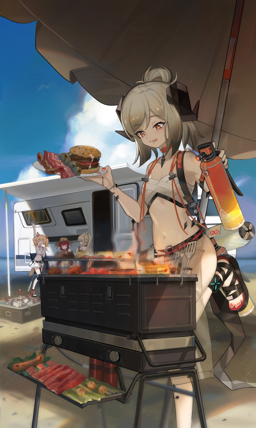 4girls :p absurdres arknights arm_up bangs bare_shoulders beach_umbrella bikini bikini_skirt blonde_hair blue_sky breasts choker clouds commentary eyebrows_visible_through_hair feet_out_of_frame food grill half_updo hamburger hand_up highres holding holding_plate horns ifrit_(arknights) minamayumi miniskirt multiple_girls nail_polish navel orange_choker orange_eyes outdoors plate pointy_ears red_nails redhead sandals shining_(arknights) short_hair silver_hair skirt sky small_breasts sora_(arknights) standing standing_on_one_leg stomach swimsuit toenail_polish tongue tongue_out twintails umbrella vigna_(arknights) white_bikini white_skirt
