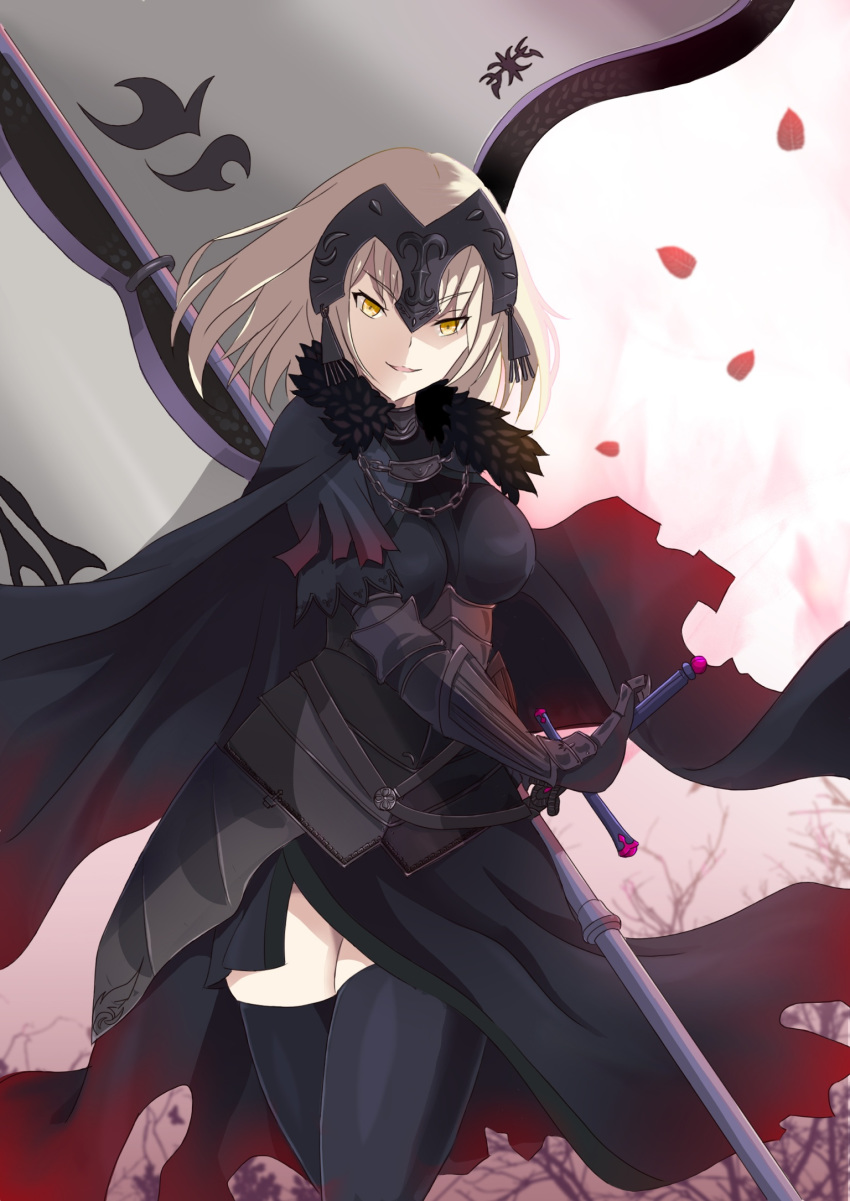 1girl armor armored_dress bangs banner breasts cape cherry_blossoms fate/apocrypha fate/grand_order fate_(series) fur-trimmed_cape fur_collar fur_trim gauntlets headpiece highres jeanne_d'arc_(alter)_(fate) jeanne_d'arc_(fate)_(all) large_breasts pink_background short_hair silver_hair solo sword thigh-highs tsurime user_vfds7445 weapon yellow_eyes
