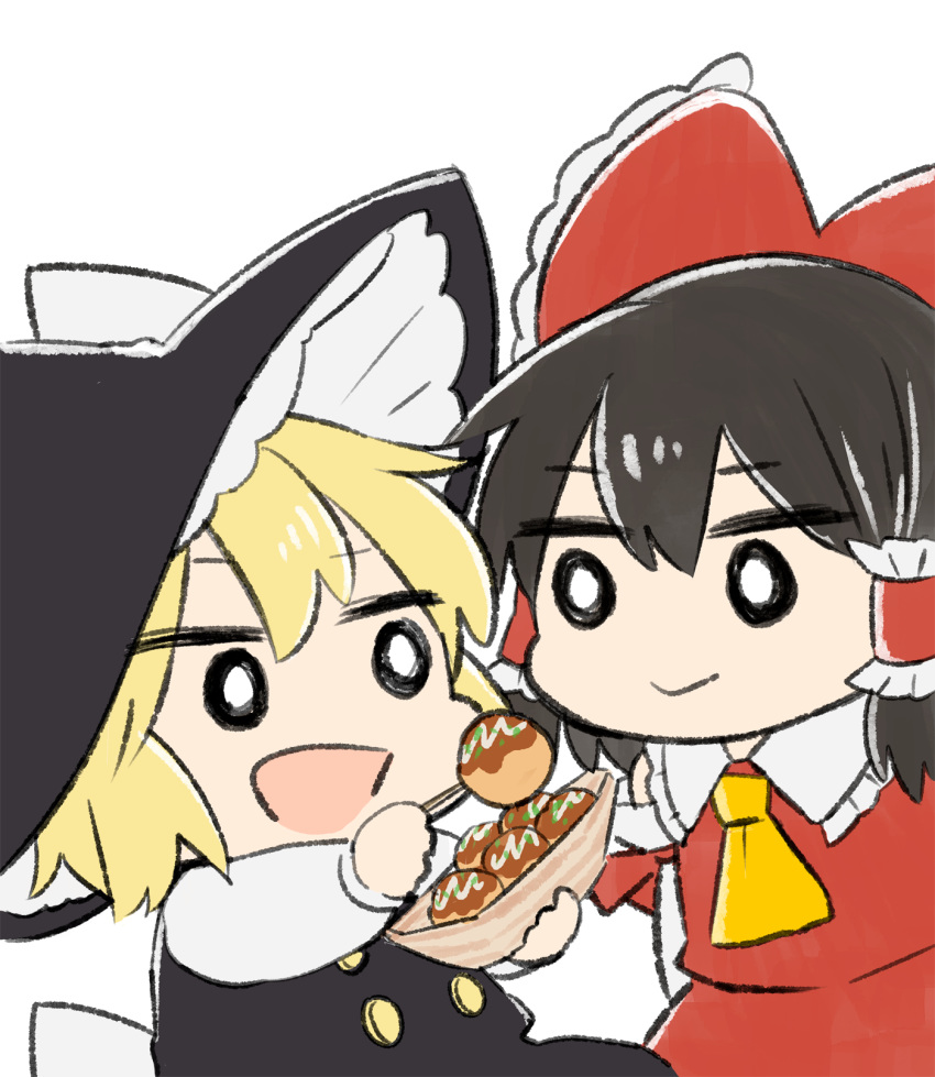 2girls :d apron ascot black_dress black_hair blonde_hair bow chibi commentary_request cyu_ta dress eyebrows_visible_through_hair feeding food hair_between_eyes hair_bow hair_tubes hakurei_reimu hat highres holding holding_food kirisame_marisa looking_at_another medium_hair multiple_girls o_o open_mouth red_bow red_dress short_hair simple_background smile takoyaki touhou upper_body white_background witch_hat yellow_neckwear