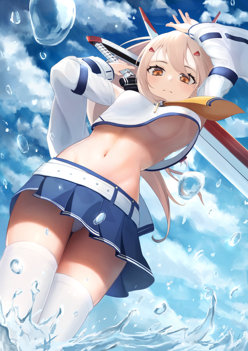 1girl absurdres arms_up ayanami_(azur_lane) azur_lane bangs bare_shoulders belt blue_sky breasts closed_mouth clouds commentary_request cowboy_shot crop_top day detached_sleeves from_below groin hair_between_eyes hair_ornament headgear high_ponytail highres holding holding_sword holding_weapon huge_filesize long_hair looking_at_viewer medium_breasts midriff navel neckerchief no_bra orange_eyes over_shoulder panties pantyshot platinum_blonde_hair pleated_skirt ponytail retrofit_(azur_lane) shadow shirt sidelocks skindentation skirt sky sleeveless sleeveless_shirt solo standing sword thigh-highs under_boob underwear wading water water_drop weapon weapon_over_shoulder white_belt white_legwear white_panties white_shirt white_sleeves wide_sleeves yatarime yellow_neckwear zettai_ryouiki